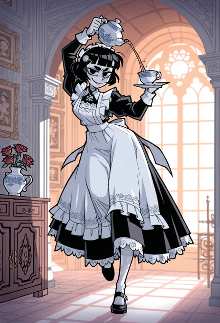 safe_pos, masterpiece, best quality, 1girl, solo, maid, maid apron, short black dress, long sleeves, white lace pantyhose, maid headdress, white embroidery on dress, pale skin, red rose ornament on hair, black hair, short eyebrows, porcelain skin, black eyes, glossy lips, short hair, short himecut, goth makeup, cute, holding teapot, pouring tea from teapot into teacup, looking at viewer, standing on one leg, bending over on one leg, arm up, sideview, dynamic pose, smirk, rude hussy, indoors, baroque, chateau, porcelain, fancy paintings, morning, sunrise, vanripper