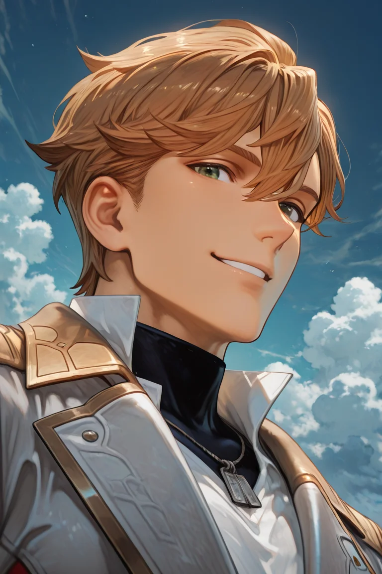 Viktor von Duerer-1male focus, brown_viktor von duerer_hair, green_viktor von duerer_eyes, manly, looking at viewer, white_viktor von duerer_military uniform, black_viktor von duerer_turtleneck shirt, gold_silver_Viktor von Duerer_dog tags, smiling, outdoors day clouds, blue sky, close up, upper body, from below, dutch angle, dynamic angle, dynamic action, atmospheric perspective, cinematic, intricately detailed illustration, depth of field, masterpiece, best quality, amazing quality, very aesthetic, absurdres, newest, masterpiece, best quality, amazing quality, very aesthetic, detailed eyes, perfect eyes, realistic eyes