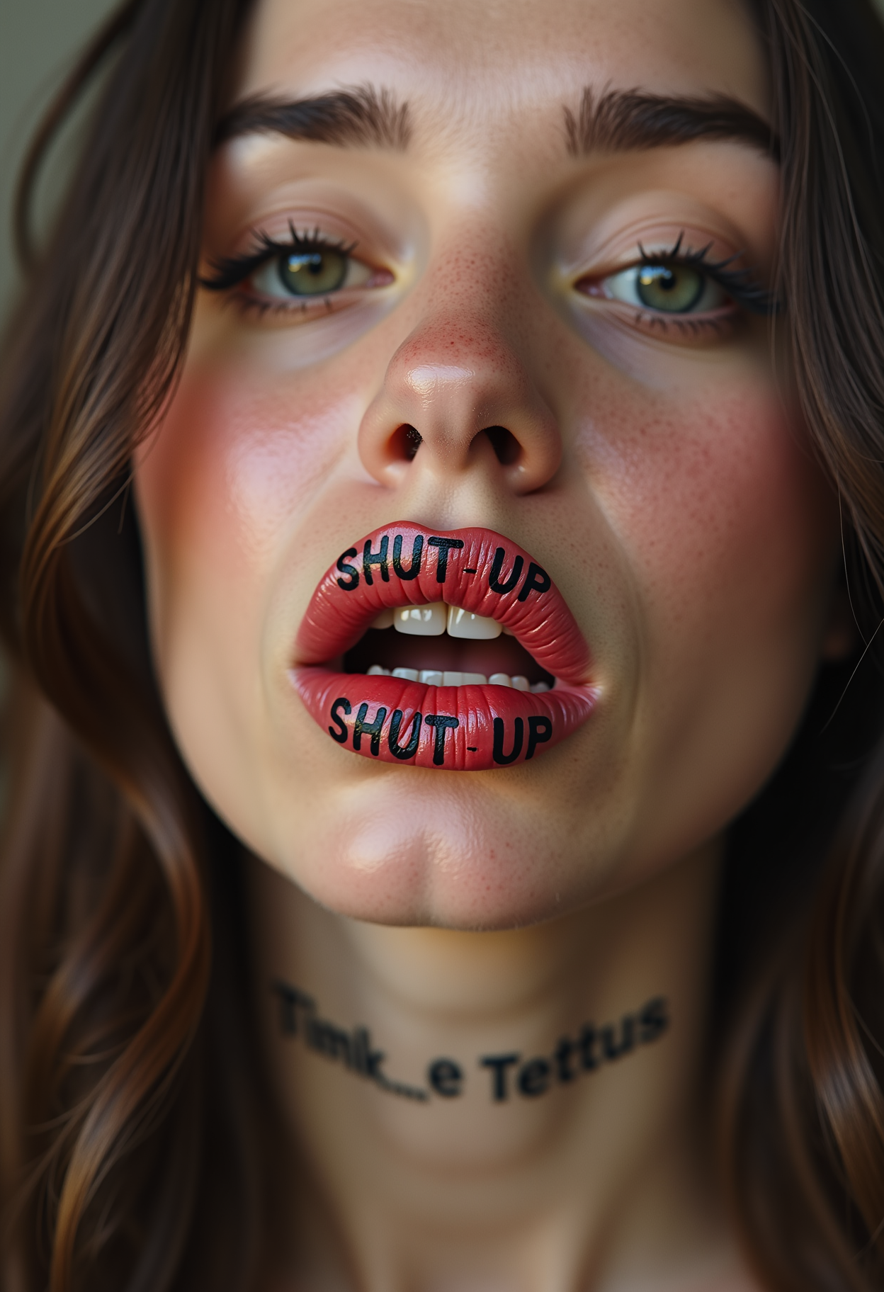 a woman with the words "SHUT UP" tattooed on her lips