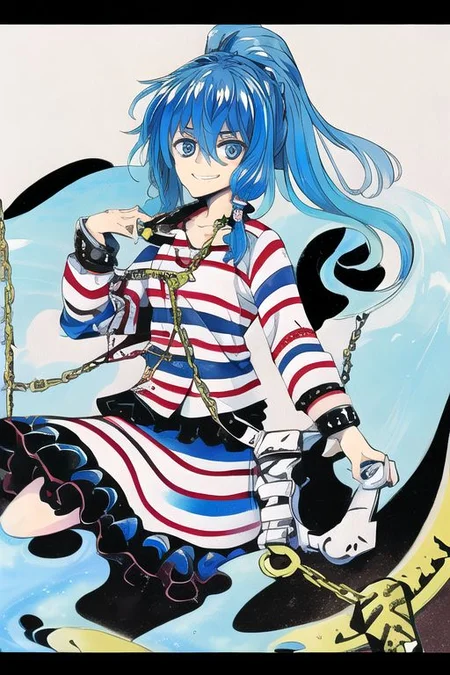 solo, 1girl, solo_focus, ((too many)):16,
watercolor (medium), traditional media,
miyadeguchi_mizuchi, solo, 1girl, smile, shirt, long_sleeves, skirt, hair_ornament, teeth, ponytail, chain, cuffs, blue_hair, shackles, long_hair, chains, striped_shirt, striped, skull_hair_ornament, blue_eyes, hair_tubes, bags_under_eyes, ghost, glowing_eyes, wide-eyed, spirit,