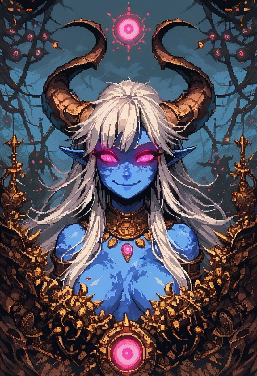 score_9, score_8_up, score_7_up, pixel art, H3style classic art, hyper-detailed, pixel art, 1girl, portrait, beautiful, tiefling shaman, white hair, (long hair:1.3), side bangs, horns, barbarian, gladiator, war paint, tribal markings, long tail, blue skin, pink eyes, glowing eyes, (smug:0.85), medium breast dramatic lights