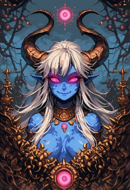 score_9, score_8_up, score_7_up, pixel art, H3style classic art, hyper-detailed, pixel art, 1girl, portrait, beautiful, tiefling shaman, white hair, (long hair:1.3), side bangs, horns, barbarian, gladiator, war paint, tribal markings, long tail, blue skin, pink eyes, glowing eyes, (smug:0.85), medium breast dramatic lights