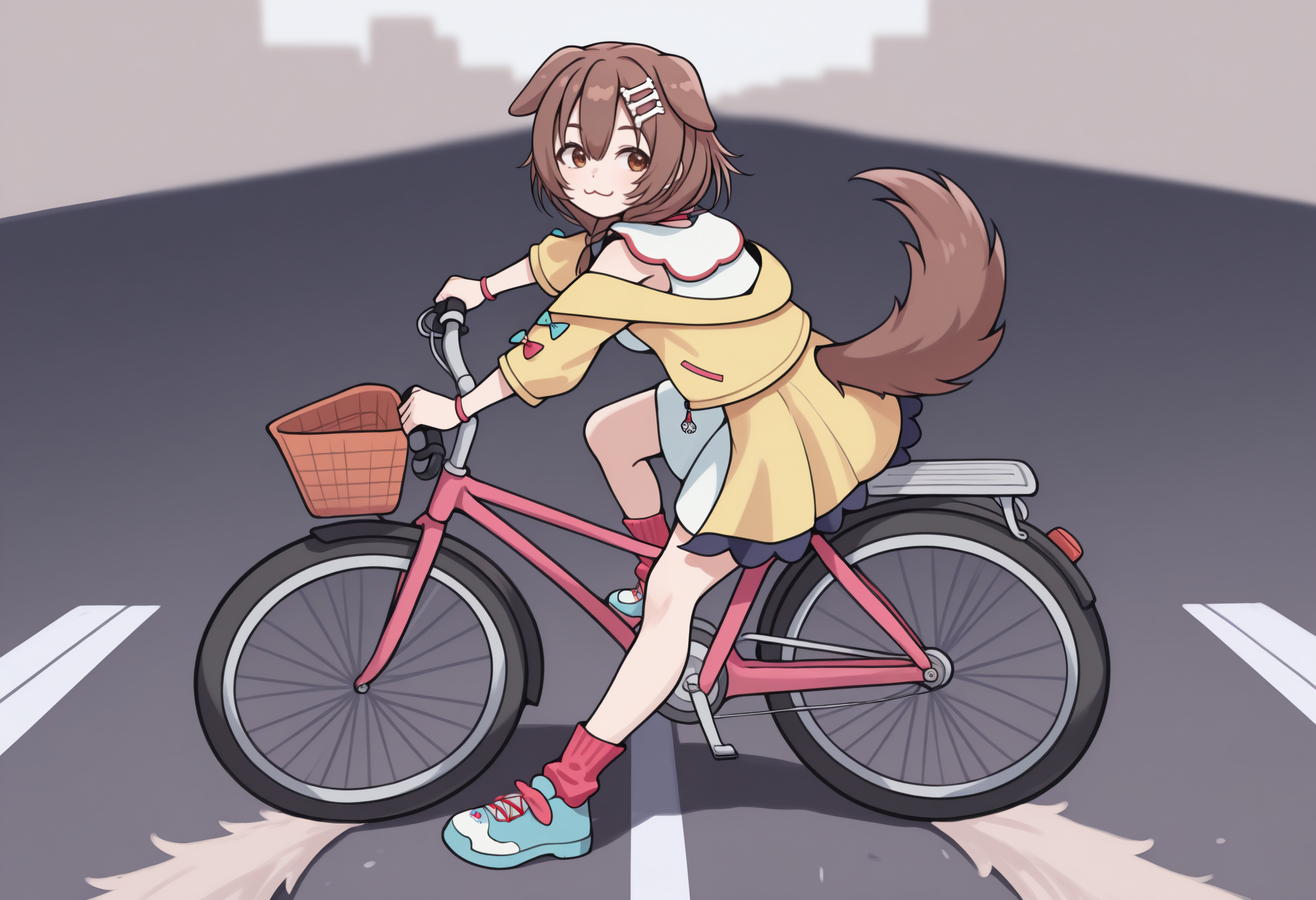 masterpiece, best quality, full body, solo, 1girl, inugami korone \(1st costume\), hololive, :3, looking to the side, ak1rasl1de, riding bicycle, brown hair, dog ears, brown eyes, street
<segment:yolo-Anzhc Face seg 640 v2 y8n.pt,0.4,0.5//cid=1>