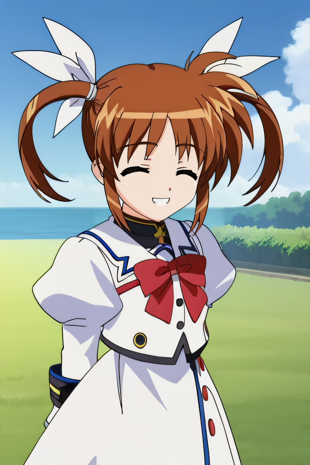 score_9, score_8_up, score_7_up, source_anime, rating_safe, intricate details, anime screencap, official style, 1girl, solo, <lora:Takamichi_Nanoha:1>, nanoha, brown hair, twintails, closed eyes, magical girl, red ribbon, white dress, long dress, puffy sleeves, long sleeves, arms behind back, looking at viewer, indoor, upper body, smile, teeth