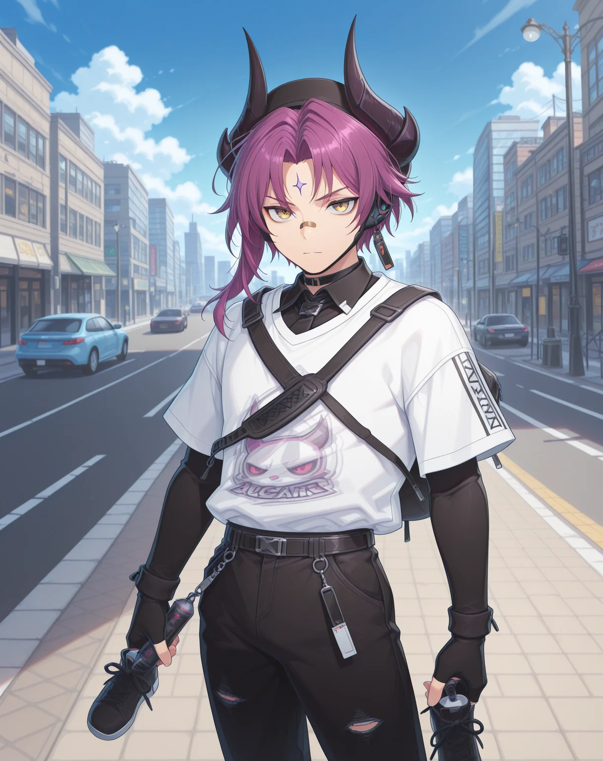 masterpiece,best quality,amazing quality, newest, very aesthetic, absurdres,
1boy, solo, yaoi, male focus, looking at viewer, cowboy shot, standing,
<lora:Veigas_T_Hidden_Street_ilxl:1> veigaststreet, black horns, purple hair, yellow eyes, bandaid on nose, forehead mark, eyebrow piercing, parted bangs,short hair with long locks, asymmetrical hair, demon horns,
white shirt, jeans, sneakers,
outdoors, day, blue sky, building, street, road, lamppost, car,