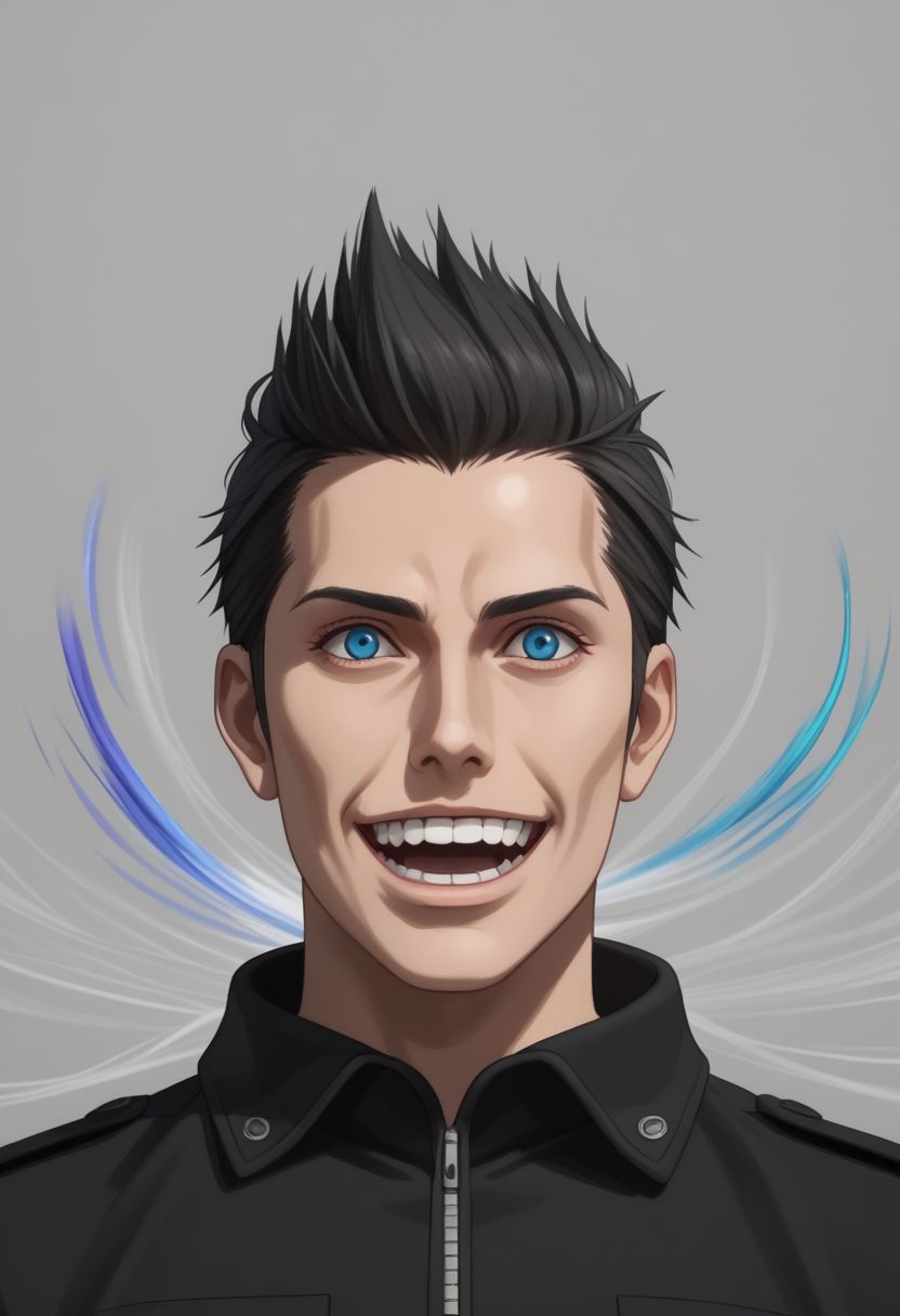 ffxv style,  solo, 1boy, male focus, realistic, teeth, open mouth, smile, grey background, simple background, mowhawk, multiple heads, motion blur, smoke, glitch, blue eyes, looking at viewer, portrait,, fading smoke, vapor, magic, rainbow theme,, anime coloring, 2d, flat coloring, cel shading, cel shaded BREAK  PonyXLV6_Scores