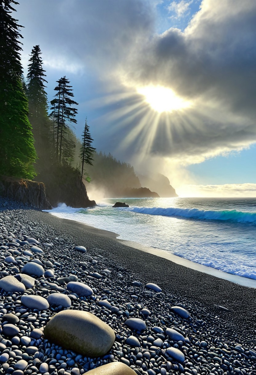 a photograph of a beach on the Pacific northwest coast, rocky pebble beach, a large looming evergreen cedar Forrest looming, the ocean is vibrant and crashing, deep vivid blues and greens, the sky is grey and clouds are heavy the sun is radiating however cutting through a break in the thick looming storm clouds, epic, realism, photo-realism, highest quailty, highest detail, professional, landscape, nature