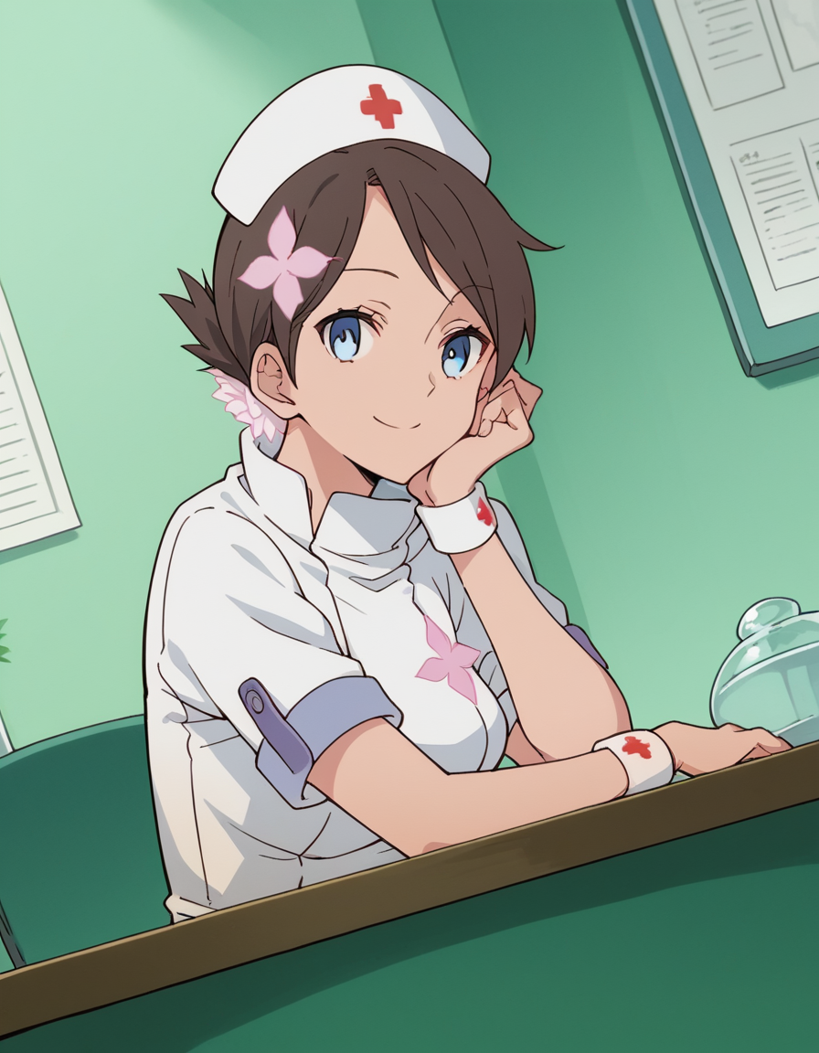 score_9, score_8_up, score_7_up, source_anime, <lora:v-juli-f-hnu-ponyxl-lora-nochekaiser:1>, v juli f, short hair, blue eyes, brown hair, flower, hair flower,, hat, nurse cap, nurse, short sleeves,, indoors, smile, looking at viewer, solo, sitting, head rest, table,, cowboy shot, dutch angle