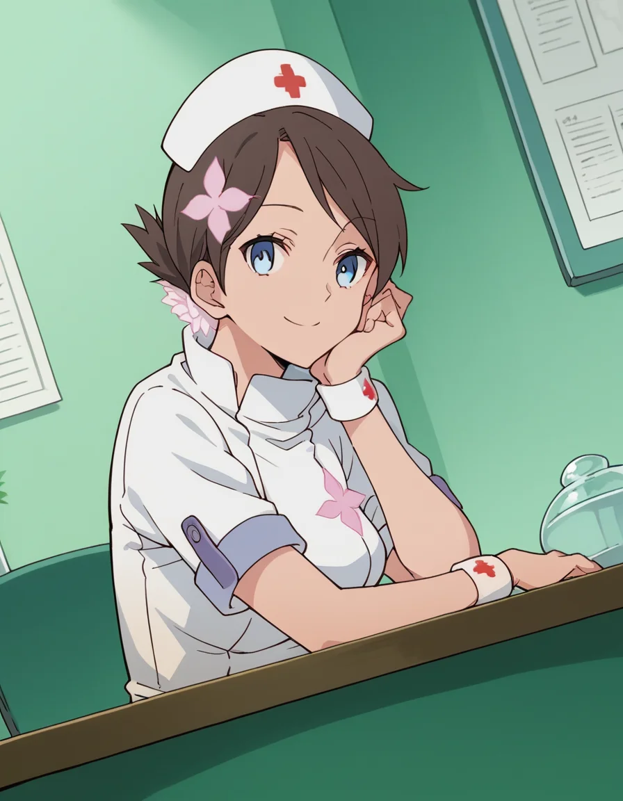 score_9, score_8_up, score_7_up, source_anime, <lora:v-juli-f-hnu-ponyxl-lora-nochekaiser:1>, v juli f, short hair, blue eyes, brown hair, flower, hair flower,, hat, nurse cap, nurse, short sleeves,, indoors, smile, looking at viewer, solo, sitting, head rest, table,, cowboy shot, dutch angle