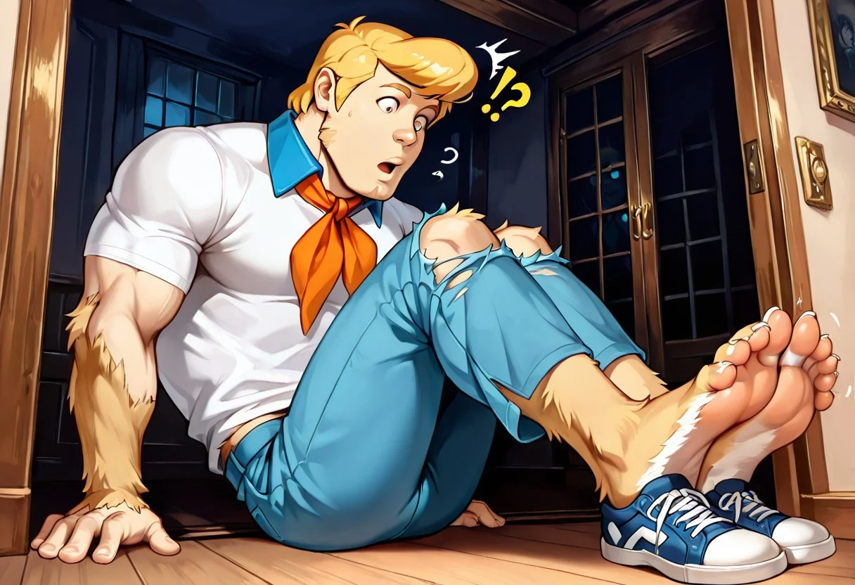 score_9, score_8_up, score_7_up, score_6_up, masterpiece, best quality, detailed eyes, detailef face, foot_focus, (solo, 1man, fr3d_j0n3s transformation into scoob, mid transformation, adult male, dynamic pose, sitting in floor, legs together, legs out front, looking at feet, furry feet, side view), (haunted house, shirt, white shirt, blue collar, ascot, orange ascot, blond hair, blue pants, shoes ripped wide open:2.5, pants ripped along sides, exposed fur), muscular male, realistic,(wide open eyes, confusion, surprise),