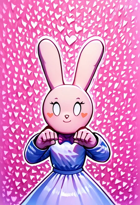score_9, score_8_up, score_7_up 
   , masterpiece, beautiful,cute, pov, upper body, estending hands,heart gesture, smile, cute, hearts, background full of hearts,
Kipowerup, small ki,glowing energy field, sharp jagged energy waves,energy radiating from skin, pink aura
,standing, serious
,TherisNaBi, Bunny girl, furry, cute, chibi, round ears standing upright, animal nose, blush stickers,bowtie,00,Dynamic pose, cowboyshot
white long sleeves dress, dress, outdoors, pink background, heart background, hearts