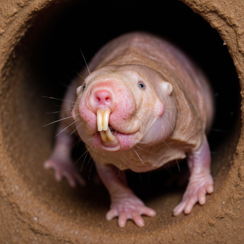 aidmarealisticskin a m0l3r4t mole-rat with long incisors and wrinkled pink skin, highly realistic skin texture, in a mole-rat burrow