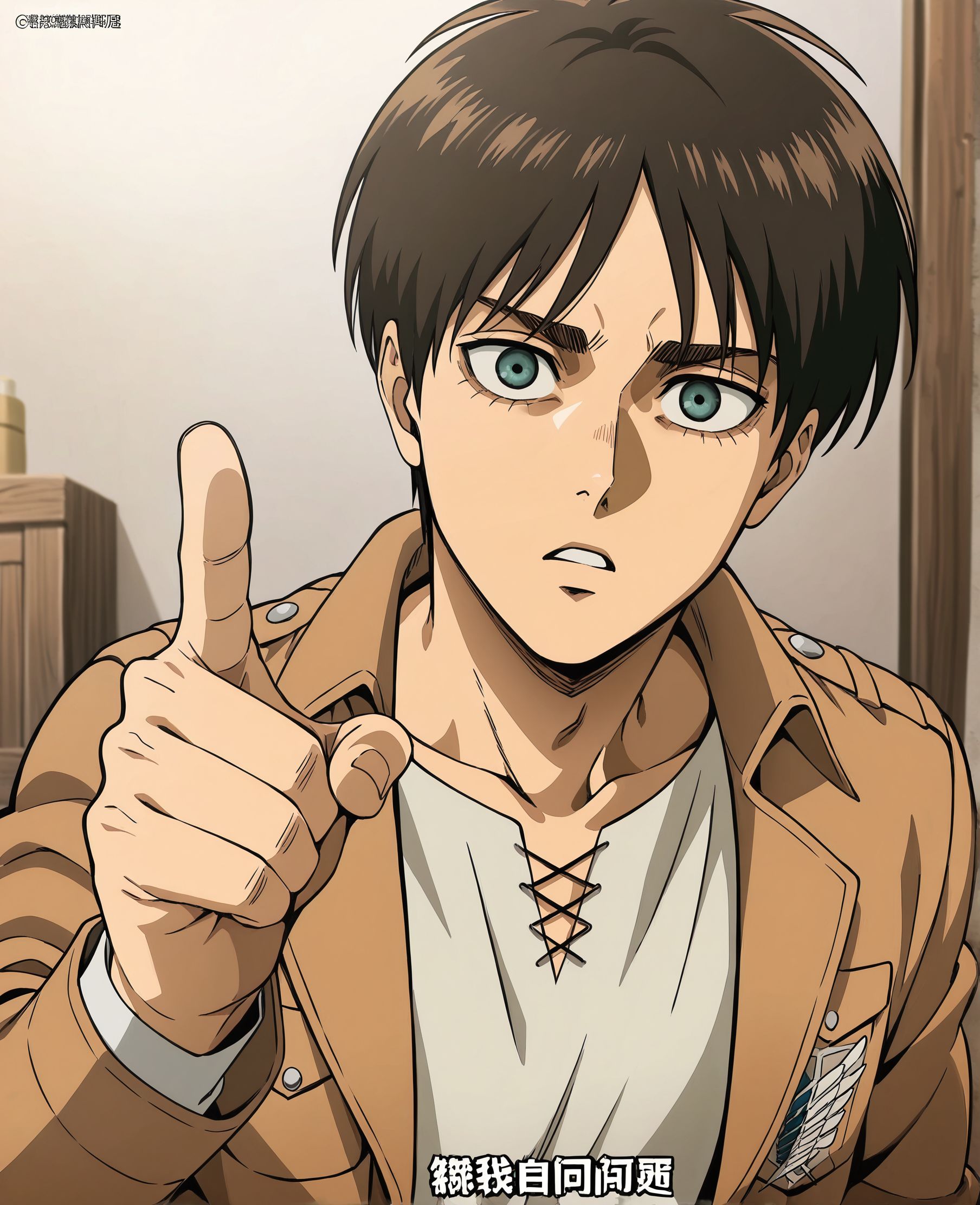 masterpiece, best quality, newest, absurdres, highres, detailed eyes, beautiful, detailed background, perfect eyes, anime coloring, anime screencap,
shingeki no kyojin, official art, 
Eren Yeager,
<lora:My_dad_got_the_MVP:1>My dad got the MVP,
Look for your own problems,
pointing with one finger,
1boy,male focus,
parody,solo,looking at viewer,
look for your own problems,
pointing with one finger,