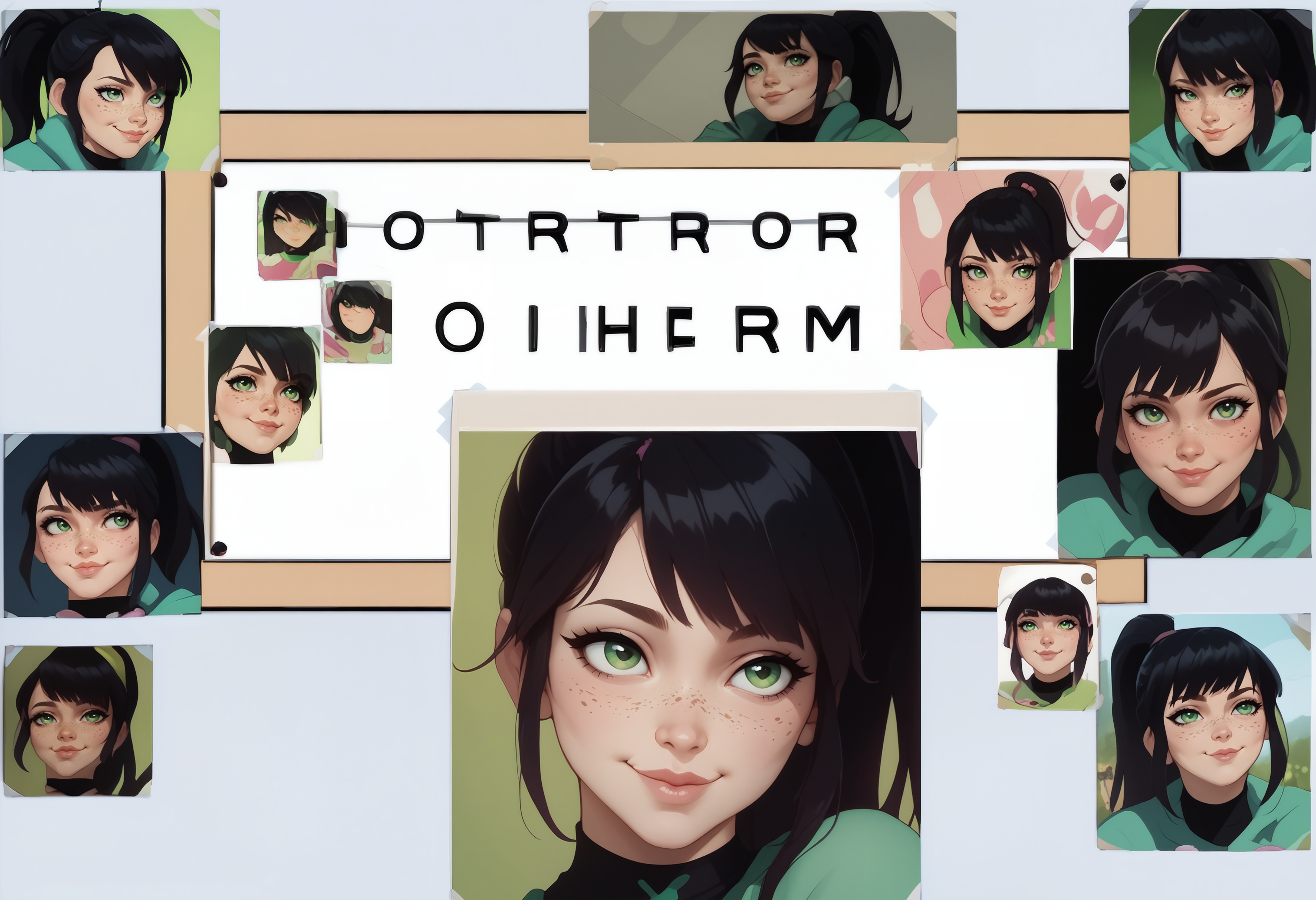 score_9, score_8_up, score_7_up, score_6_up BREAK photo (object), english text, multiple views, poster,difh,cropped,tape,seductive smile,lips,black hair, pink IncursioDipDyedHair, ponytail, bangs, green eyes, freckles, smile,<lora:DIFH:1.3>  <lora:DipDyedHairXLPD:0.8>