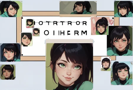 score_9, score_8_up, score_7_up, score_6_up BREAK photo (object), english text, multiple views, poster,difh,cropped,tape,seductive smile,lips,black hair, pink IncursioDipDyedHair, ponytail, bangs, green eyes, freckles, smile,<lora:DIFH:1.3>  <lora:DipDyedHairXLPD:0.8>