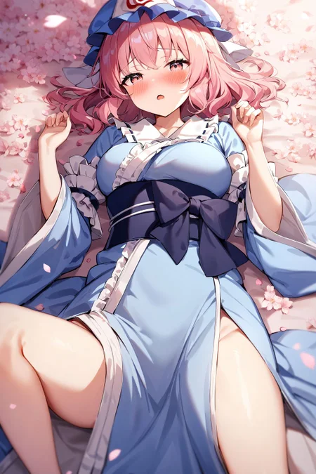 <lora:saigyouji_yuyuko XL:1>,, saigyouji yuyuko, 1girl, solo, hat, japanese clothes, lying, on back, cherry blossoms, petals, kimono, blush, open mouth, masterpiece,best quality,very aesthetic,absurdres
