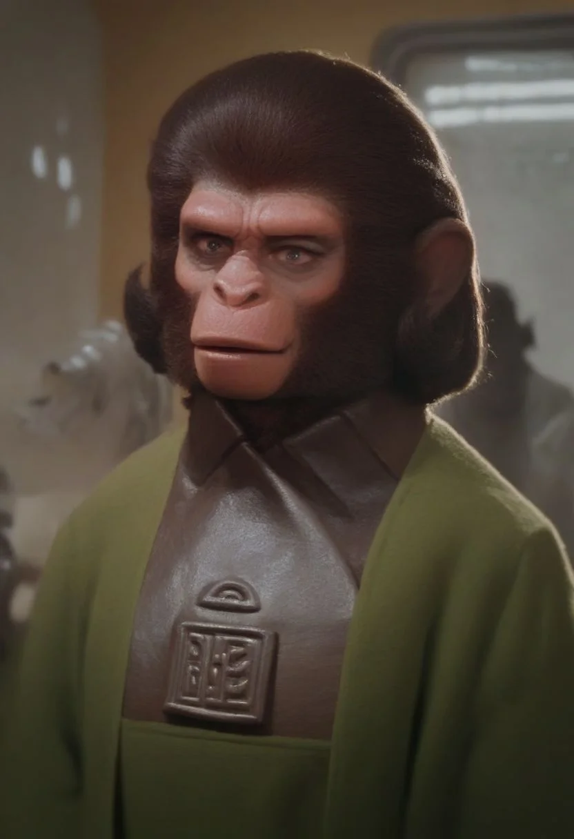 score_9_up, score_8_up, score_7_up, score_6_up, score_5_up, score_4_up, Dr_Zira, female anthro chimp, green and brown robe, in a laboratory, quizzical expression, realistic