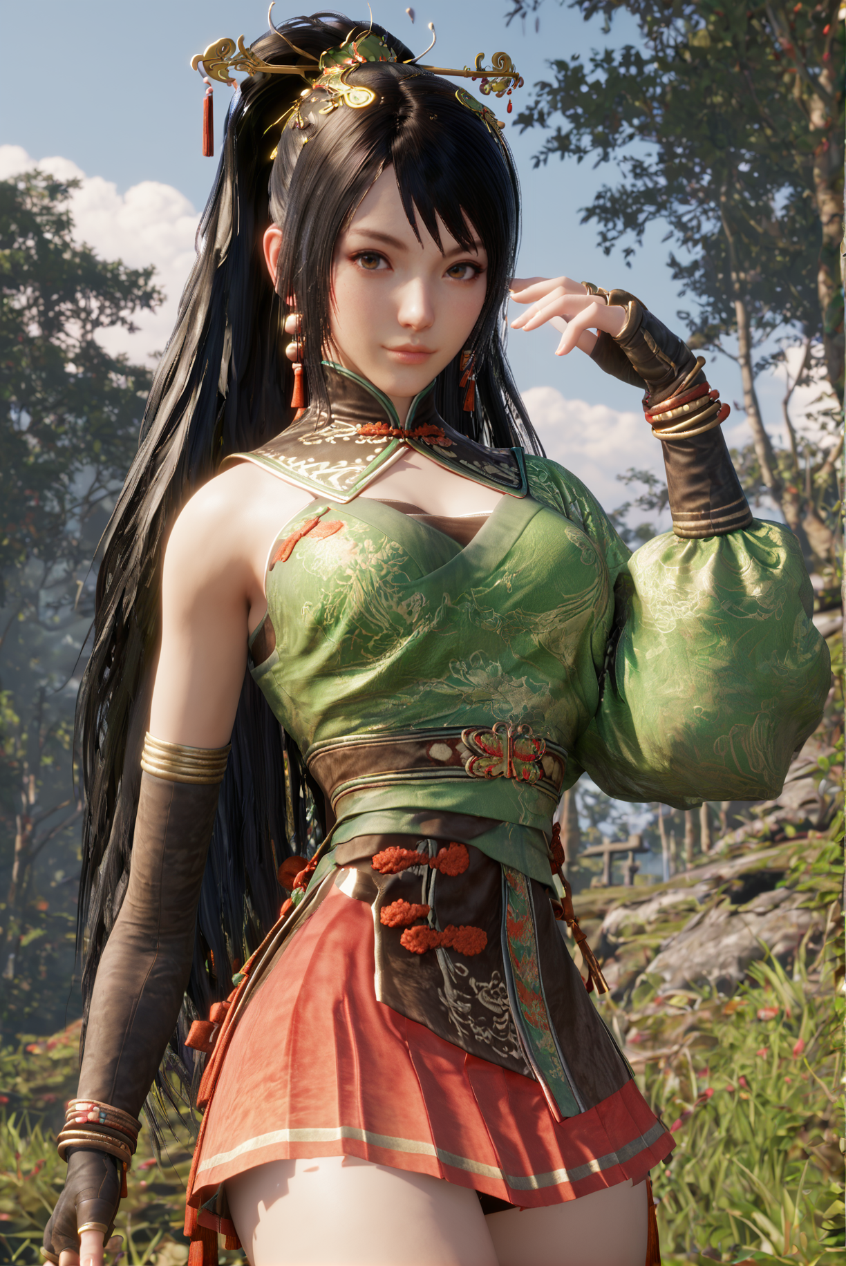 score_9, score_8_up, score_7_up, 3D, 1 girl, solo, black hair, long hair, jewelry, gloves, earrings, skirt, outdoors, hair ornament, brown eyes, chinese clothes, looking at viewer, <lora:Guan_Yiping_Dynasty_Warriors:0.8>