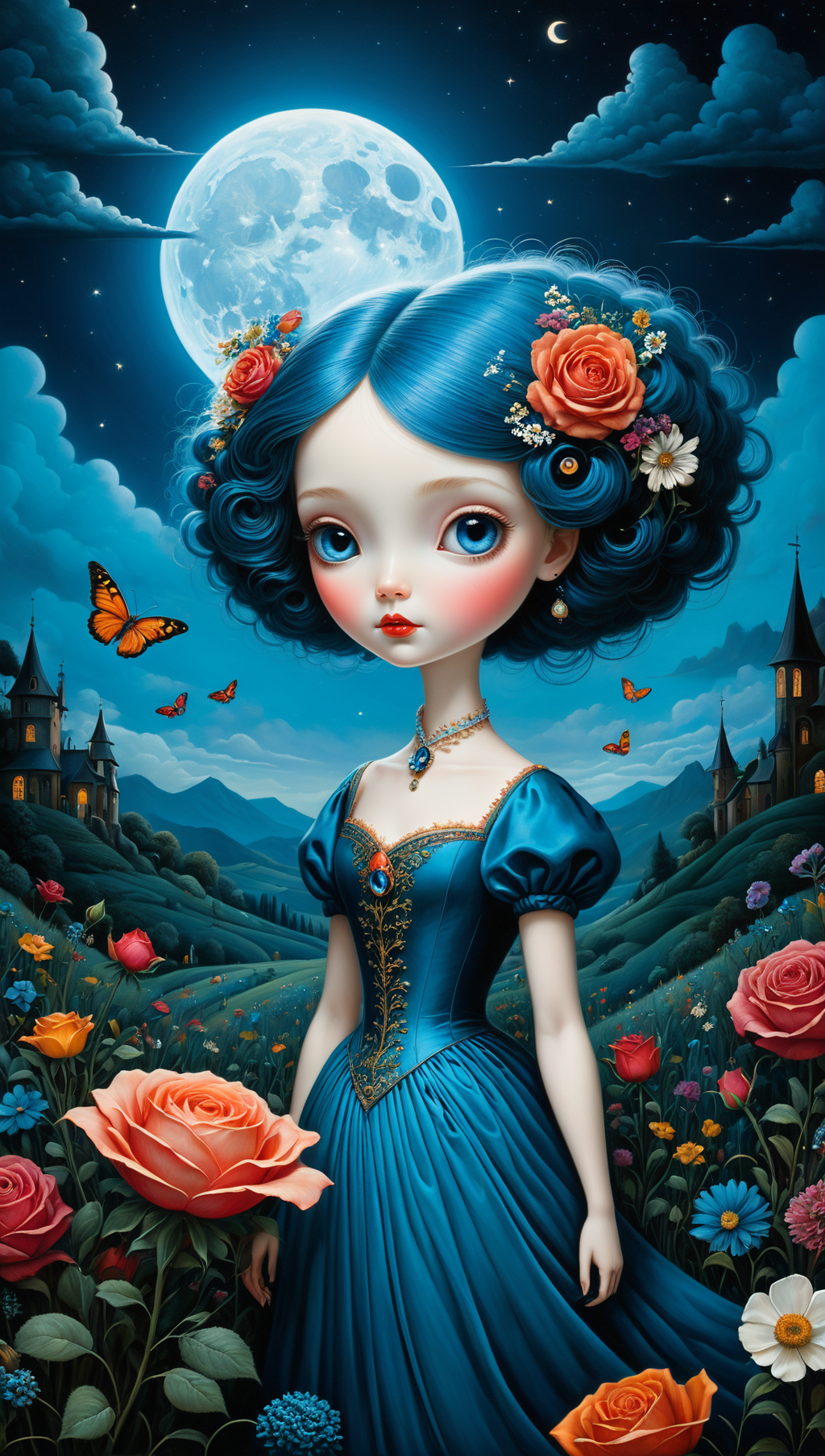 Benjamin Lacombe, Annie Soudain, Andy kehoe, Kinkade and Kandinsky, ghostly town full of ghosts, beautiful eyes, magical land, night, rose and wild flowers garden, high details, intricated, beautifull sky, volumetric light, 8k, mute colors, vibrant triadic colores, bright and crispy, Altdorf Guard Blue, Barbados Blue, Sensitivity, Rhapsody In Blue and Bleached Silk, trending on artstation, sharp focus, studio photo, intricate details, highly detailed, by greg rutkowski, trending on artstation, sharp focus, studio photo, intricate details, highly detailed, by greg rutkowski<lora:xl_more_art-full_v1:0.5>