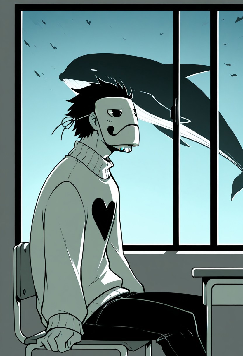 Zacharie_off, 1boy, sweater with heart, frog mask, hidden face, sitting at desk, looking out the window, whale in sky