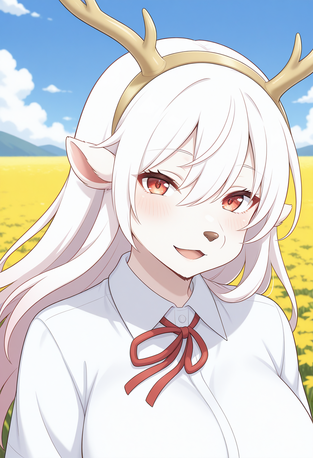 haruhino_shirona, red eyes, white hair, long hair, antlers, furry female, furry, animal ears, (animal nose:1.2), body fur, hairband, neck ribbon, school uniform, collared shirt, white shirt,  <lora:haruhino_shirona_illustrious_ver1:0.8> 
smile, 1girl, solo, (field:1.2), (blue sky:1.2), looking at viewer,, masterpiece, best quality, general,, (upper body:1.2), (close-up:1.2), (facing viewer:1.2), (open eyes:1.4), (portrait:1.2)