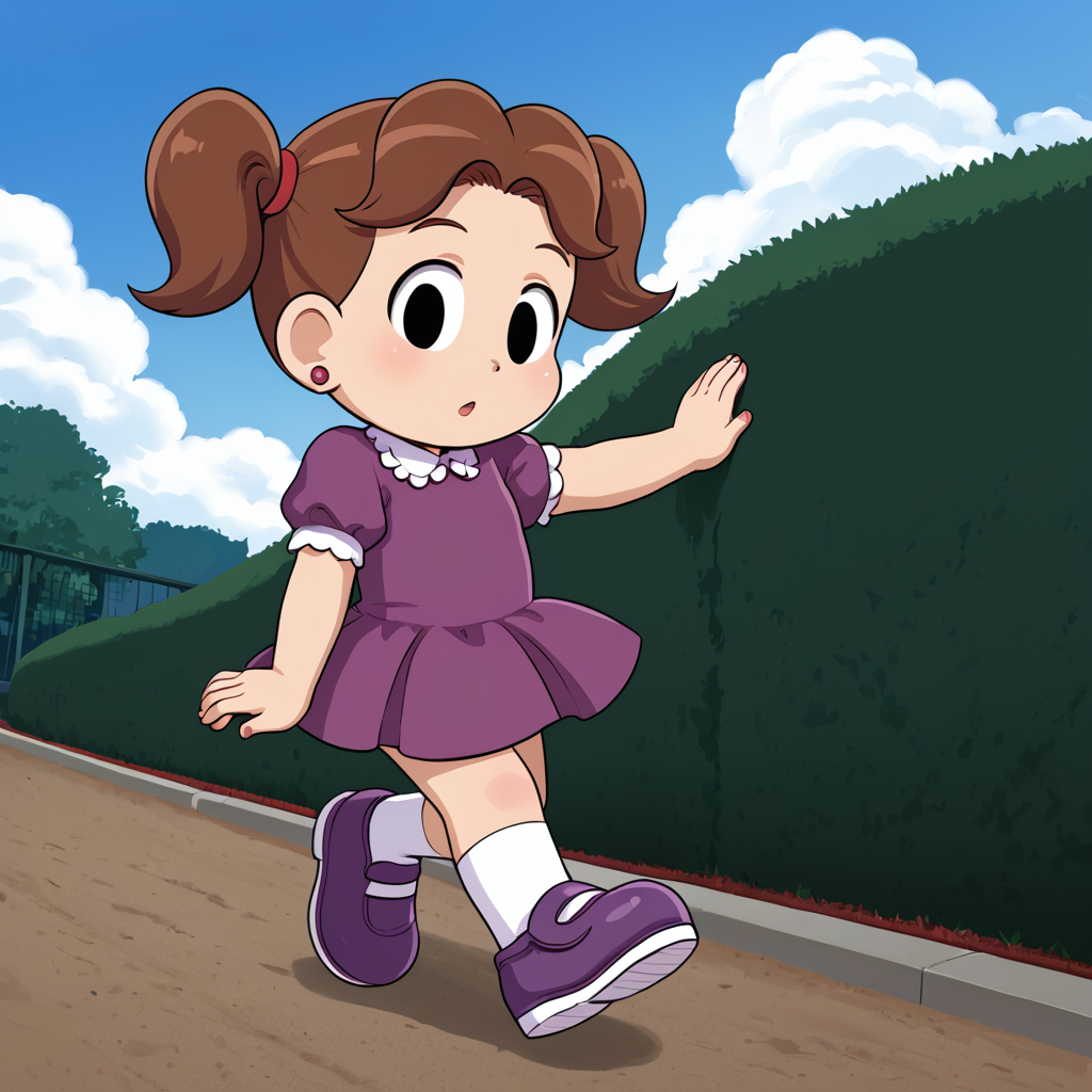 outdoors,  <lora:DeniseV2:1> denisetdm, 1girl, solo, black eyes, reddish-brown hair, twintails, short twintails, jewelry, earrings, dress, purple dress, short sleeves, whit socks, shoes, purple footwear