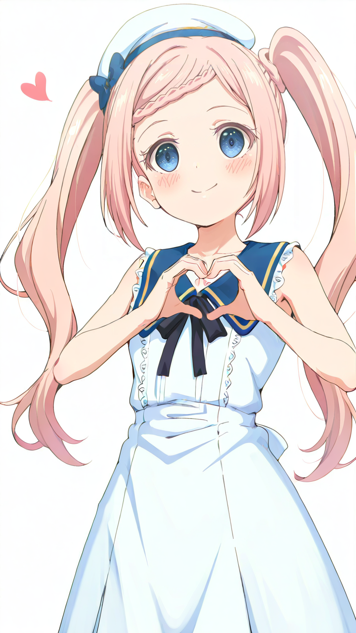 white_background,simple background,1girl,solo,looking_at_viewer,blush,anime screenshot,sincos,Champe,looking_up,<lora:Champe_Illustrious_v10:1>,collarbonea,front view,lace-trimmed_dress,smile,heart hands,, masterpiece, best quality