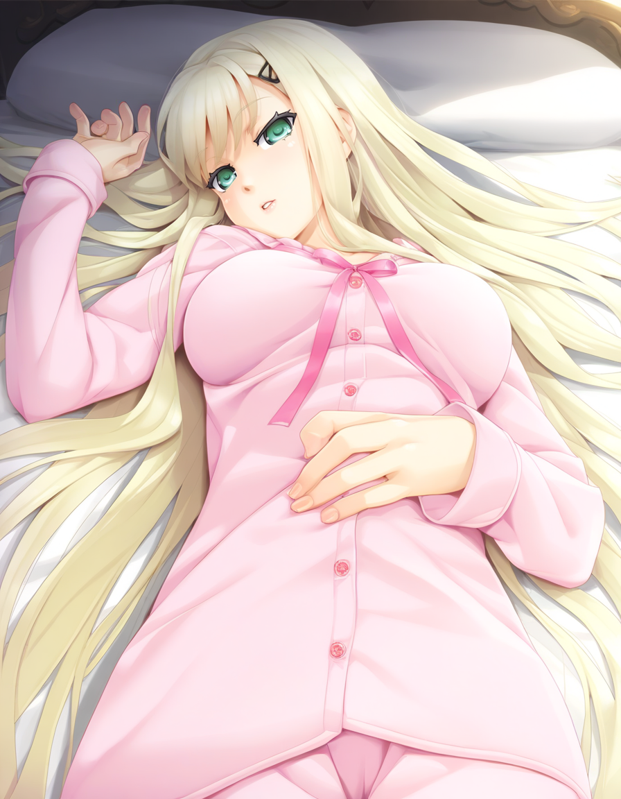 kannagi yuuri, light green eyes, blonde hair, very long hair, sidelocks, hairclip, large breasts, pink pajamas, long sleeves, pink ribbon, on bed, lying, on back, parted lips, solo <lora:Biman Adam-000063:1>