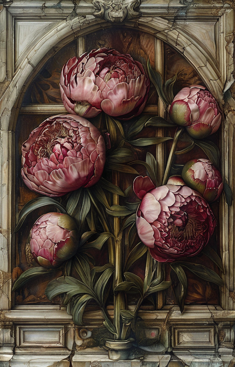 masterpiece,best quality,<lora:tbh167-sdxl:1>,illustration,style of Carlo Crivelli, decaying peonies