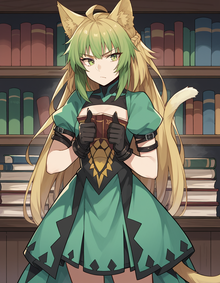 score_9, score_8_up, score_7_up, source_anime, <lora:fgo-atalanta-ponyxl-lora-nochekaiser:1>, atalanta, animal ears, blonde hair, cat ears, cat girl, cat tail, green eyes, green hair, hair between eyes, long hair, multicolored hair, tail,, black gloves, gloves, skirt, dress, green dress, short sleeves, puffy sleeves, juliet sleeves, short skirt, green skirt,, bookstore, browsing shelves, new book smell, finding a favorite, quiet atmosphere, , , hand showing a thumbs up, solo,, cowboy shot, dutch angle