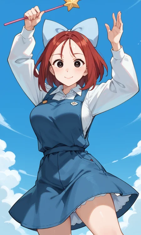 (1girl:1.5), (solo:1.3), (score_9, score_8_up, score_7_up, score_6_up, score_5_up, score_4_up), (source_anime), rating_questionable, looking at viewer, (cowboy shot:1.3), outdoors, blue sky, cloudy sky, looking at viewer,
(shiwasu-mari), (black eyes, red hair, medium hair, parted bangs, parody hair), (large breasts), <lora:magical-mari-early_v1:0.9> (light blue big hair bow, royal blue pinafore dress, white collared shirt, long sleeves, white bobby socks, red footwear, mary janes), (holding wand), wide-eyed, smile, fighting stance, legs apart, arms up,