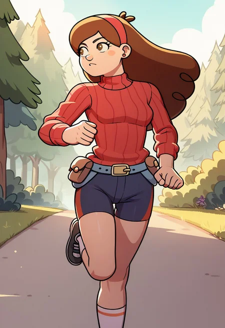 score_9, score_8, score_7, incogstyle, gfmabel, 1girl, (((solo))), fanny pack, shorts, red sweater, running in the park