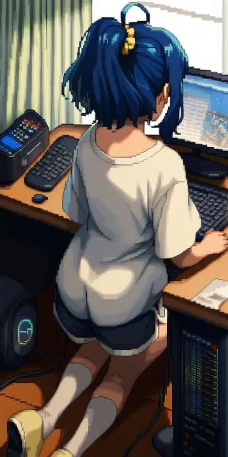 score_9, score_7_up, source_anime,
1girl, solo, (from behind, reflect, shadow, dispersion:0.8), (knees together feet apart:0.7),
CRT monitor, yanami's room, window with curtains, 1 ancient computer mainframe under the desk, chair, 1keyboard, mouse in right hand, Linux command line, electronic clock, code on the display, Router,
anna yanami, blue hair, medium hair, ahoge, ponytail, yellow scrunchie, no sleeves, (running shorts:0.8), detailed and polished,
(thigh gap, thighhighs, knee:0.7), sitting, collarbone, white oversized shirt, USB cable,
<lora:riz_pd_glora:0.5>, <lora:anna_yanami_anime_v7-soralz:0.9>,  <lora:pixel:1>, pixelart, pixel, (16bit retro game style:1.2),