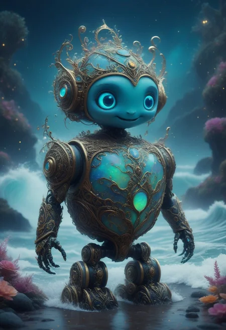 opal manuka robot, cute, fantasy, happy, at a fantastical beatch with big waves,,intricate details, 8k, cinematic film still, ultra sharp