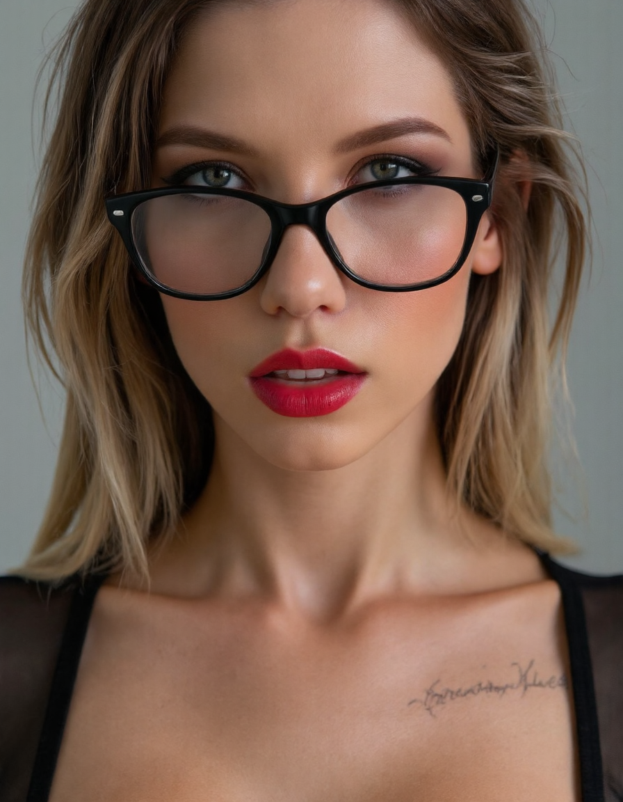 A striking portrait of a fierce woman with piercing eyes and bold, direct eye contact. She wears natural-looking brick-red lipstick and large, avant-garde glasses. The composition embodies a high-fashion editorial aesthetic, blending ethereal beauty with dramatic shadows and luxurious fashion details. The zoomed-out perspective places the subject in 30% of the frame, leaving ample negative space around her head for a modern, minimalist feel. The subtle 3D effect enhances the visual depth, creating a captivating and dynamic image.