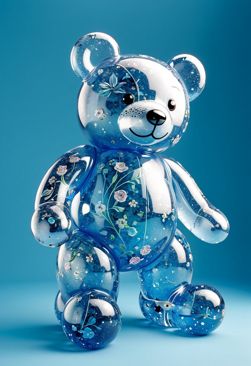The balloon bear shape is made of transparent, inflatable material, with small marble ball and crystal inside the animal's body, against a light blue background and with studio lighting. The floral design art style features glass sculptures, resin material, and high-definition images. It has clear edges in the composition. This artwork was created in the style of Satoru Katsura. SDXL_POS, XL_NEG