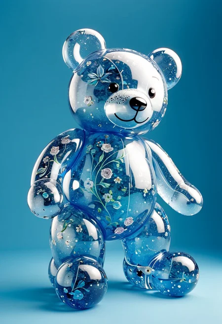 The balloon bear shape is made of transparent, inflatable material, with small marble ball and crystal inside the animal's body, against a light blue background and with studio lighting. The floral design art style features glass sculptures, resin material, and high-definition images. It has clear edges in the composition. This artwork was created in the style of Satoru Katsura. SDXL_POS, XL_NEG