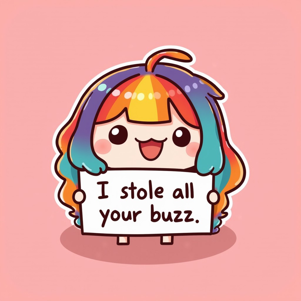 A vibrant chibi-style illustration, rainbow hair,  cute face, holding sign, text: "I stole all your buzz", readable handwriting, cute handwriting, solid rose background, kawaii, cute fierce face,