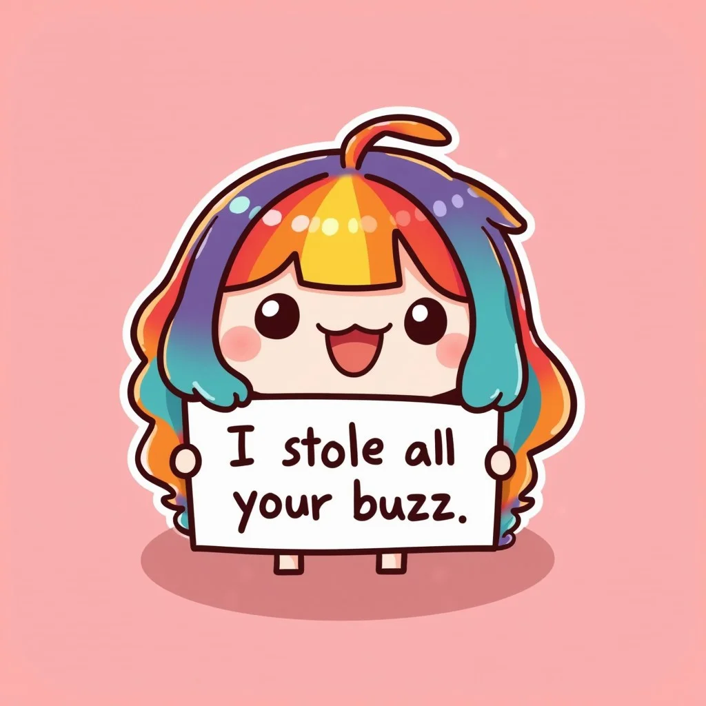 A vibrant chibi-style illustration, rainbow hair, cute face, holding sign, text: "I stole all your buzz", readable handwriting, cute handwriting, solid rose background, kawaii, cute fierce face,
