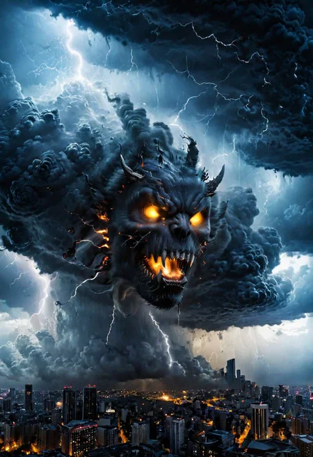black clouds, rain, lightening, dark, night, ( beast appears from the rolling cloud), The beasts looks down as he towers above the city below, nightmare