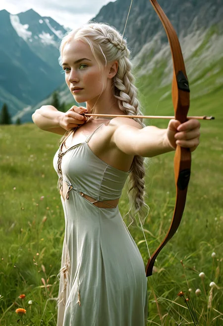penet, (1girl), full body photograph of an 25 year old female girl, (nearly naked), side view, (cute, pure, innocent), in a battle field, holding a longbow, summertime, alpine meadow, mountains in distance, alpine peak, adorable cutie, pretty face, adorable, detailed face, freckles, (long curly pinkish white hair), long hair, (hair braids, braided hair, tied hair), (waist length hair), shiny hair, (pale skin), (Eurasian), (small breasts:1), curvy, muscular, wide hips, small waist, (full body visible, wide angle), (legs spread), film, grain, shot on 50mm lens at f/2.8 aperture, bokeh, Stable-Yogis-Rembrandt-lighting-1.5x, barbarian, green eyes, Aiming a Bow, Long bow,
