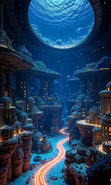Itâs a surreal depiction of a sunken metropolis, sitting beneath the ocean, surrounded by a giant glass dome with buildings and bustling streets. Outside the dome, bioluminescent marine life glides gracefully by, bathing the cityscape in a soft, ethereal garden of glowing artificial corals, outfitted with LEDs that change color to reflect the time of day or weather changes. Neon-colored lines embedded in the seafloor outline different city areas, while intricate patterns of glowing veins soften the landscape. Fiber-optic cables run through the city, their ends gleaming to form a radiating line, and fish swim around.<flux.1_lora_flyway_Epic-detail_v2_000009500:1.0>