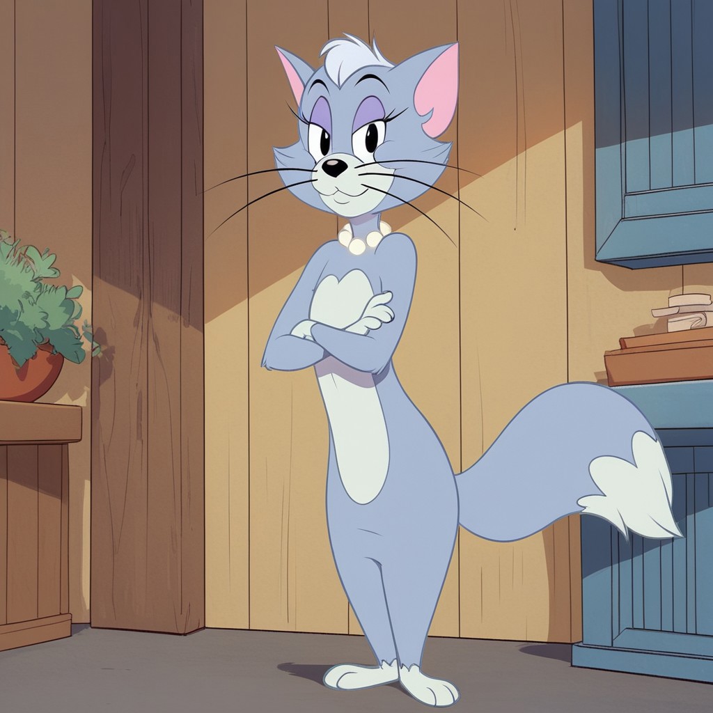 score_9, score_8, score_7, EdnaTJ, furry, pearl necklace, cat, solo, furry, cat, furry female, whiskers, tail, cat ears, full body, standing, solo, looking at viewer, flat chest, crossed arms