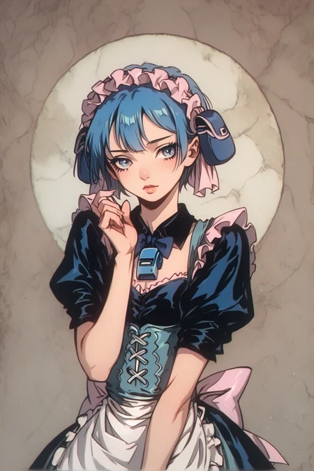 1boy, Maruruk, short hair, blue hair, pouch hat, otoko no ko, whistle, maid headdress, solo, detailed background <lora:Marulk _Made in Abyss-000009:0.8> <lora:OldAnimeStyle_XL_v3:0.8> Vintage, 1990s \(style\),, zPDXL, score_9, score_8_up, score_7_up, artstation style, realistic lightning