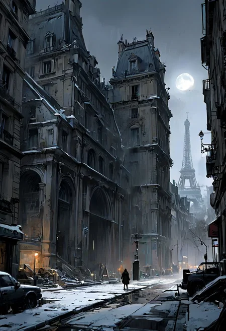 style by Jim Lee, Moebius, black and white illustration, dark night in lowkey, black sky, cinematic ground view of 2077 landscape of a frozen futuristic Paris, haussman architecture, Grand Palais, Le Louvre, Notre Dame, post apocalyptic city, great composition, rules of third, organic city , (ultra realistic:1.2), bold lines, comics lineart, inked comics style, concept art, crossing hatch, sketch, heavy inking, hard contrast, grungy white and black,two tones, black background <lora:_CHY_Vaporette_v01:0>