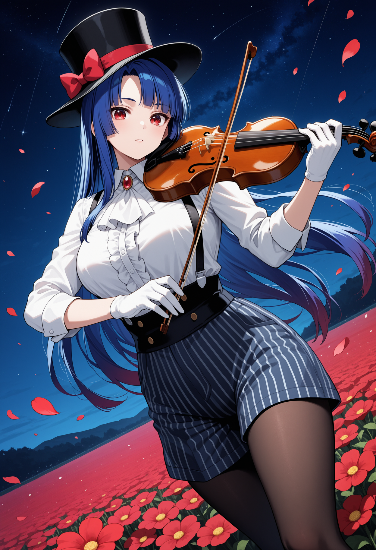 masterpiece, best quality, 1girl, solo, yatsu murasaki, mature female, blue hair, long hair, bangs, kodona, collared shirt, hat bow, frills, long sleeves, top hat, shorts, field, flower, flower field, falling petals, petals, red flower, holding instrument, holding violin, music, playing instrument, standing, violin, red eyes, suspenders, ascot, pantyhose, gloves, striped, striped shorts, night, starry sky, dutch angle, looking at viewer