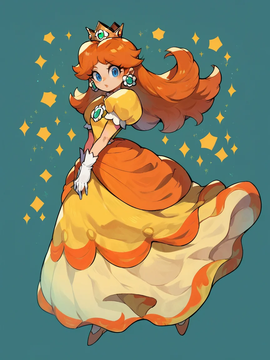 score_9, score_8_up, score_7_up, score_6_up, score_5_up, <lora:PrincessDaisyXLP:1> princess daisy, 1girl, earrings, solo, blue eyes, crown, long hair, white gloves, orange hair, dress, full body,