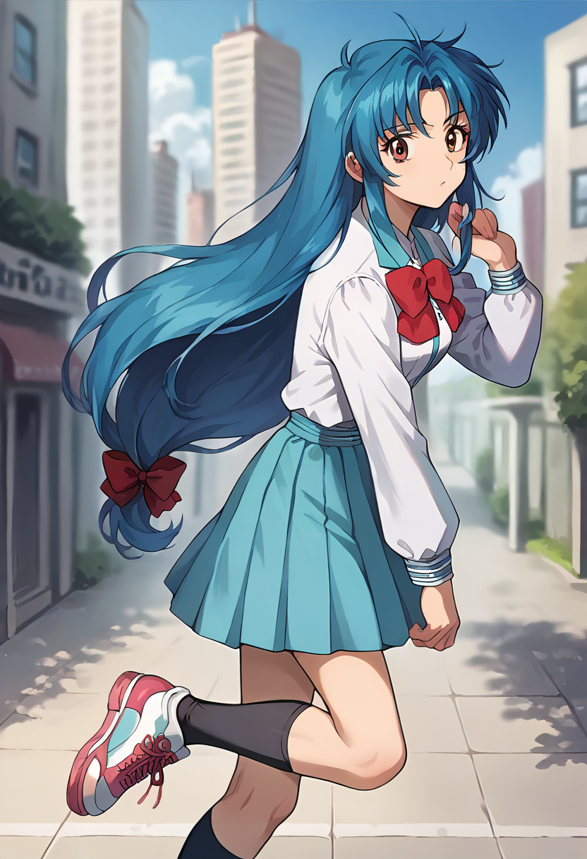 score_9, score_8_up, score_7_up, source_anime, masterpiece, 1girl, ctianchid0ri, blue hair, white blazer, red bowtie, ribbon, long sleeves, blue skirt, looking at viewer, outdoors, city, depth of field, sunny, black kneehighs, sneakers, <lora:Chidori_Kaname_pony_ct:1>