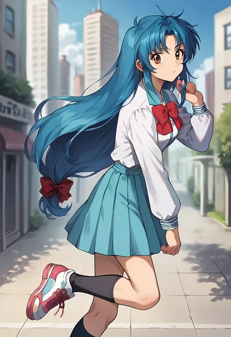 score_9, score_8_up, score_7_up, source_anime, masterpiece, 1girl, ctianchid0ri, blue hair, white blazer, red bowtie, ribbon, long sleeves, blue skirt, looking at viewer, outdoors, city, depth of field, sunny, black kneehighs, sneakers, <lora:Chidori_Kaname_pony_ct:1>