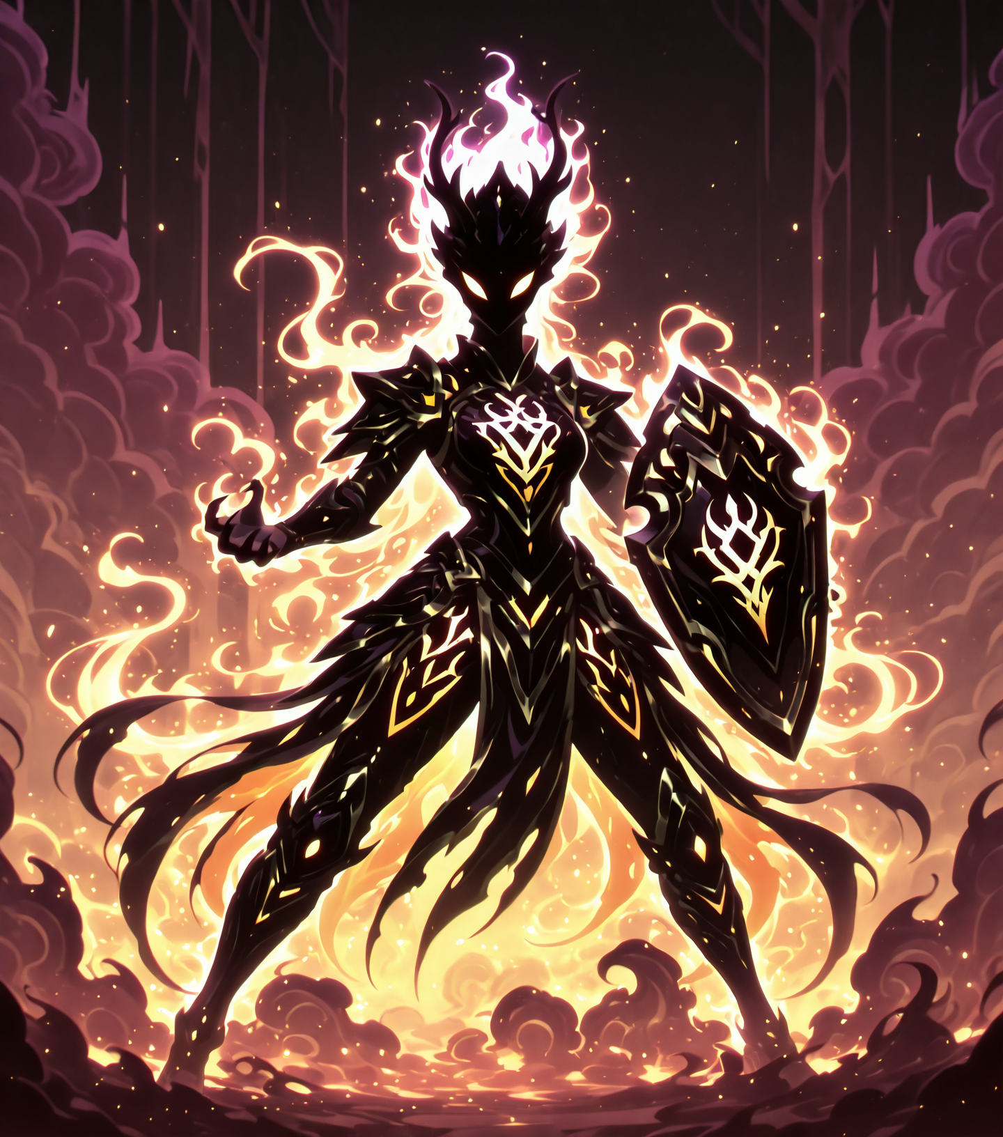 <lora:Shadows_v3_Buns:0.75> sh4d0wv3, black silhouette, solo, colorful aura, Dragon Herald, scale-covered armor, dragon sigil shield, fiery mountain backdrop, commanding stance, masterpiece, best quality, amazing quality